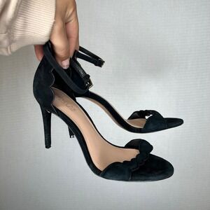 Rachel Zoe Ava Heel Black Suede Ankle Strap Heels Stilettos Ruffle Detail 6.5‎